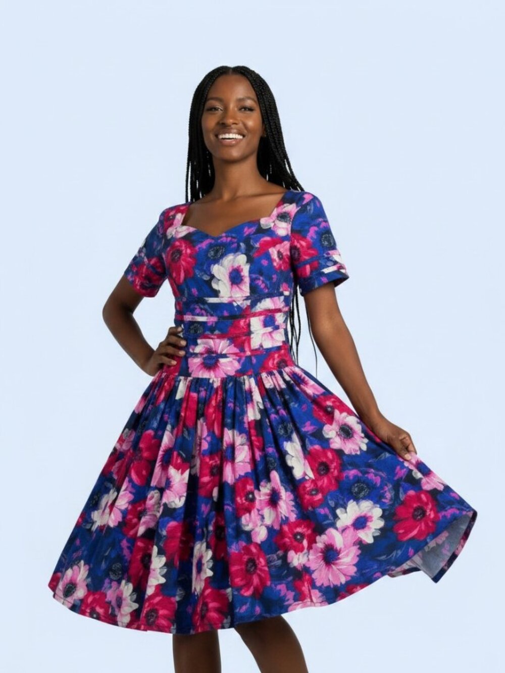 Unique Vintage Dress M Floral Rockabilly Pin Up Swing Fit Flare Retro Blue Pink